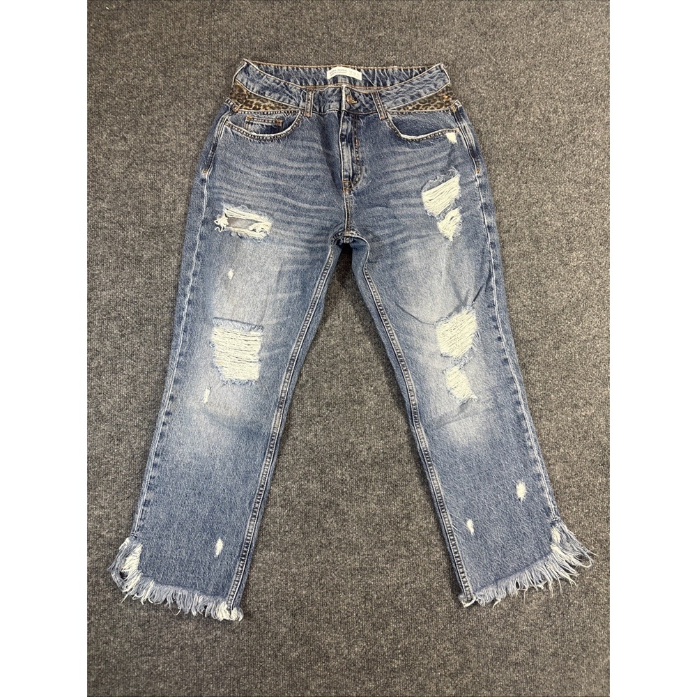 Zara Basic Z1975 Denim Distressed Jeans W/Leopard Trim Womens Size 6 Frayed Hem